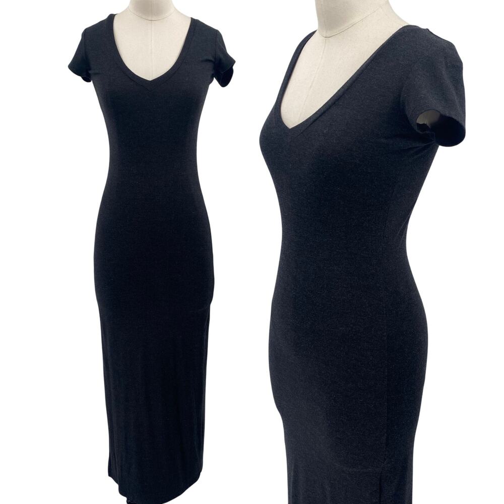 Aritzia Community Maxi Dress V Neck Jersey Knit Rayon Stretch Dark Gray XS